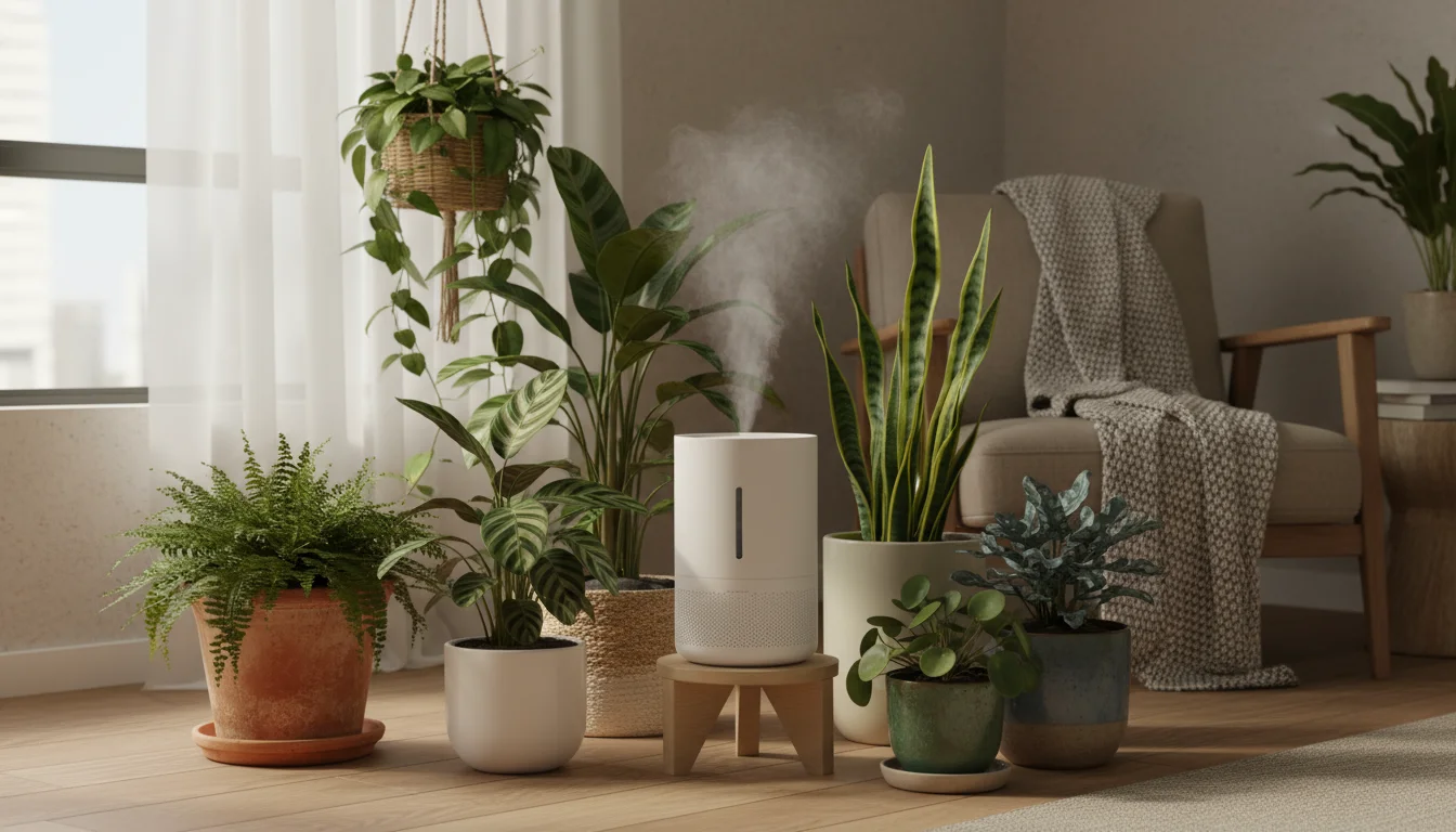A sleek white humidifier surrounded by a variety of healthy houseplants like ferns and calatheas, on a wooden stand in a bright apartment corner.