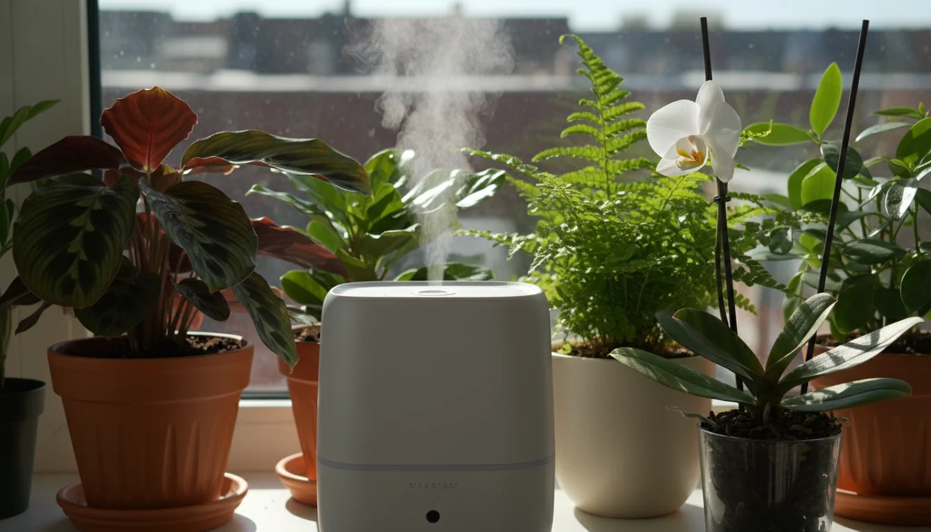 A sleek white ultrasonic humidifier positioned among a cluster of a Calathea, fern, and orchid plants on a bright windowsill, emitting a fine, cool mi