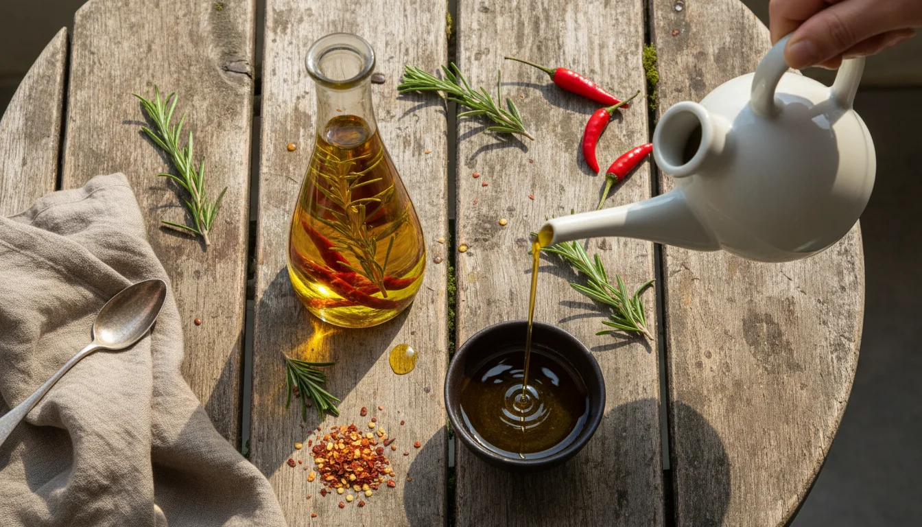 An overhead shot of a slender glass bottle on a rustic wooden table, half-filled with olive oil, submerging dried rosemary and red chili flakes. A thi