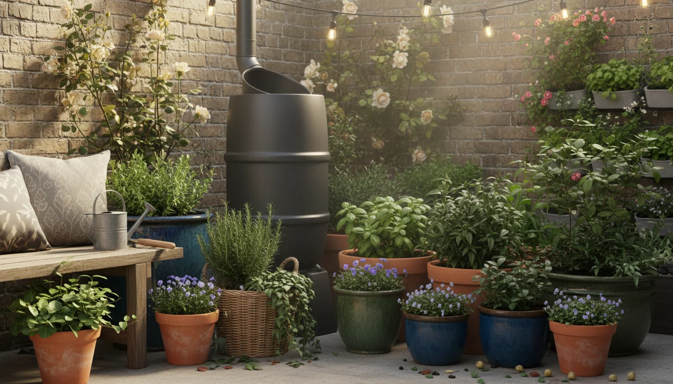A slender gray rain barrel collects water on a small, mulched patio garden with grouped container plants and a watering can nearby.