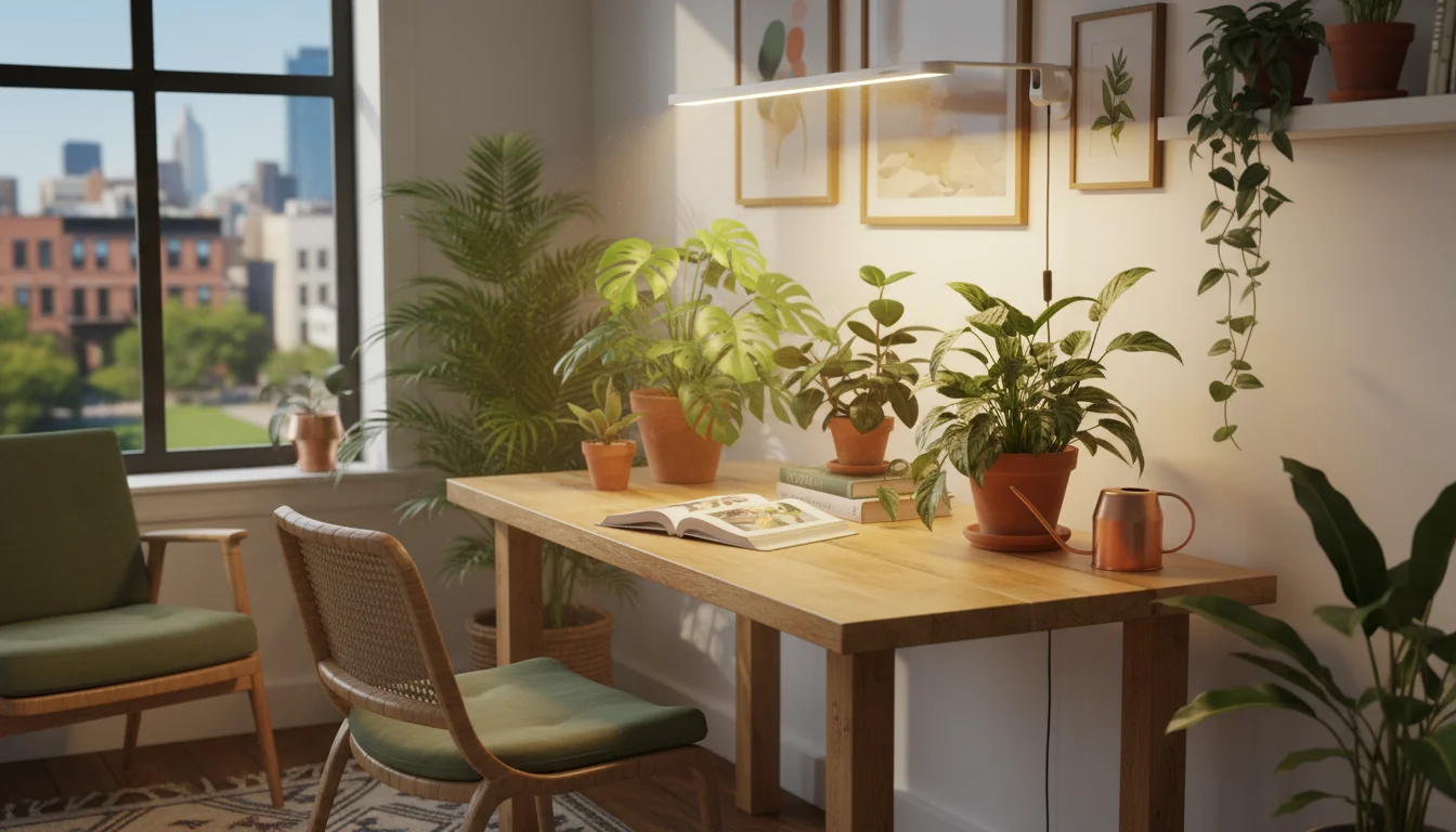 A slender LED grow light illuminates vibrant green tropical houseplants like Monstera and Peperomia on a wooden desk, contrasting with a dim winter wi