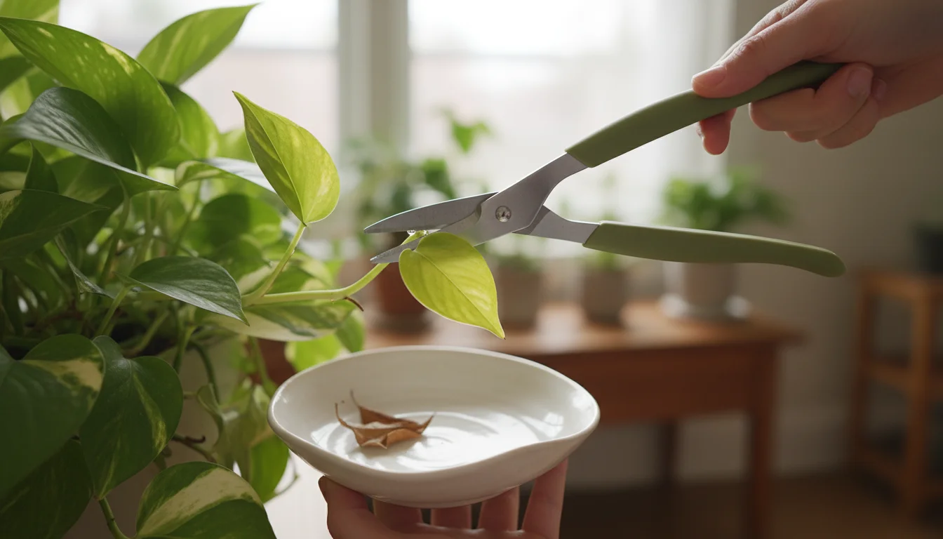 Close-up of slender plant snips making a clean cut on a Pothos stem, with a small ceramic dish positioned below to catch the leaf.