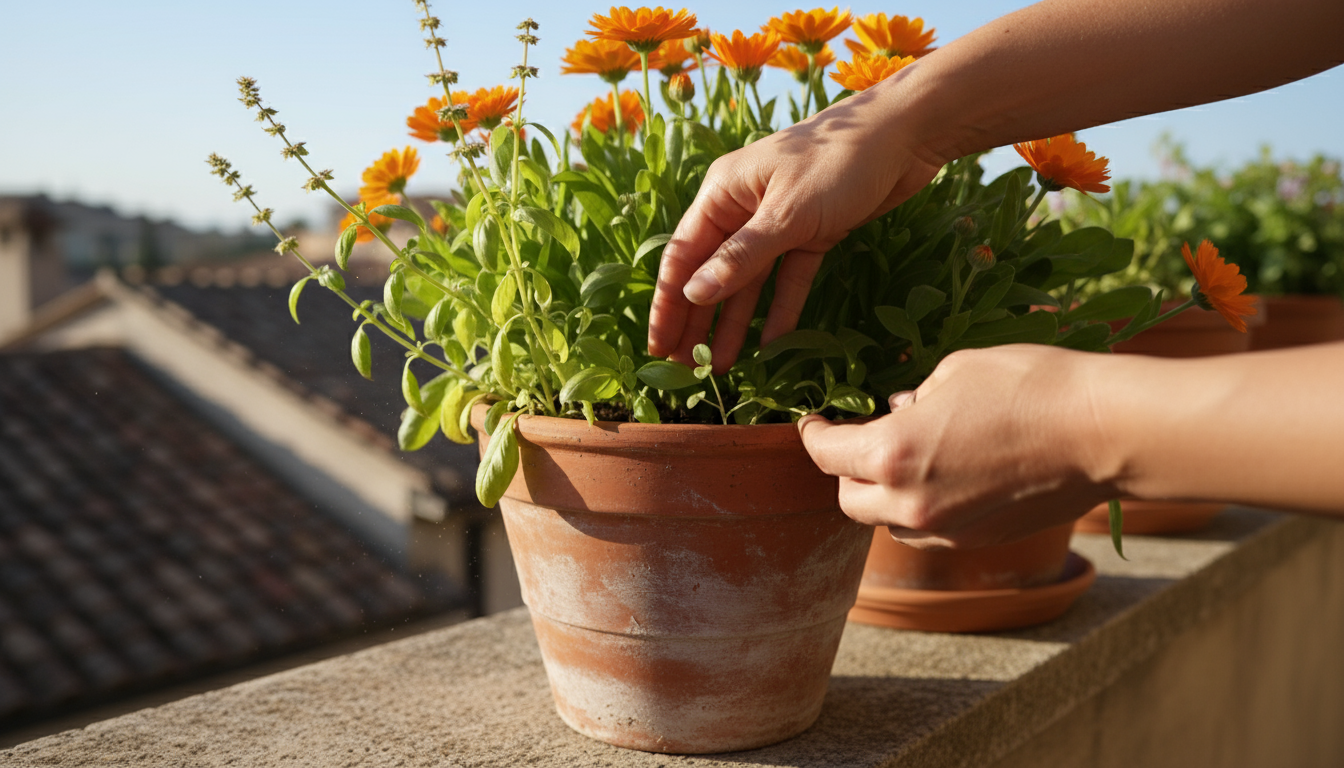 A hand holding a marker observes a slightly struggling tomato plant next to basil in a pot, contrasting it with a thriving pepper and calendula pairin