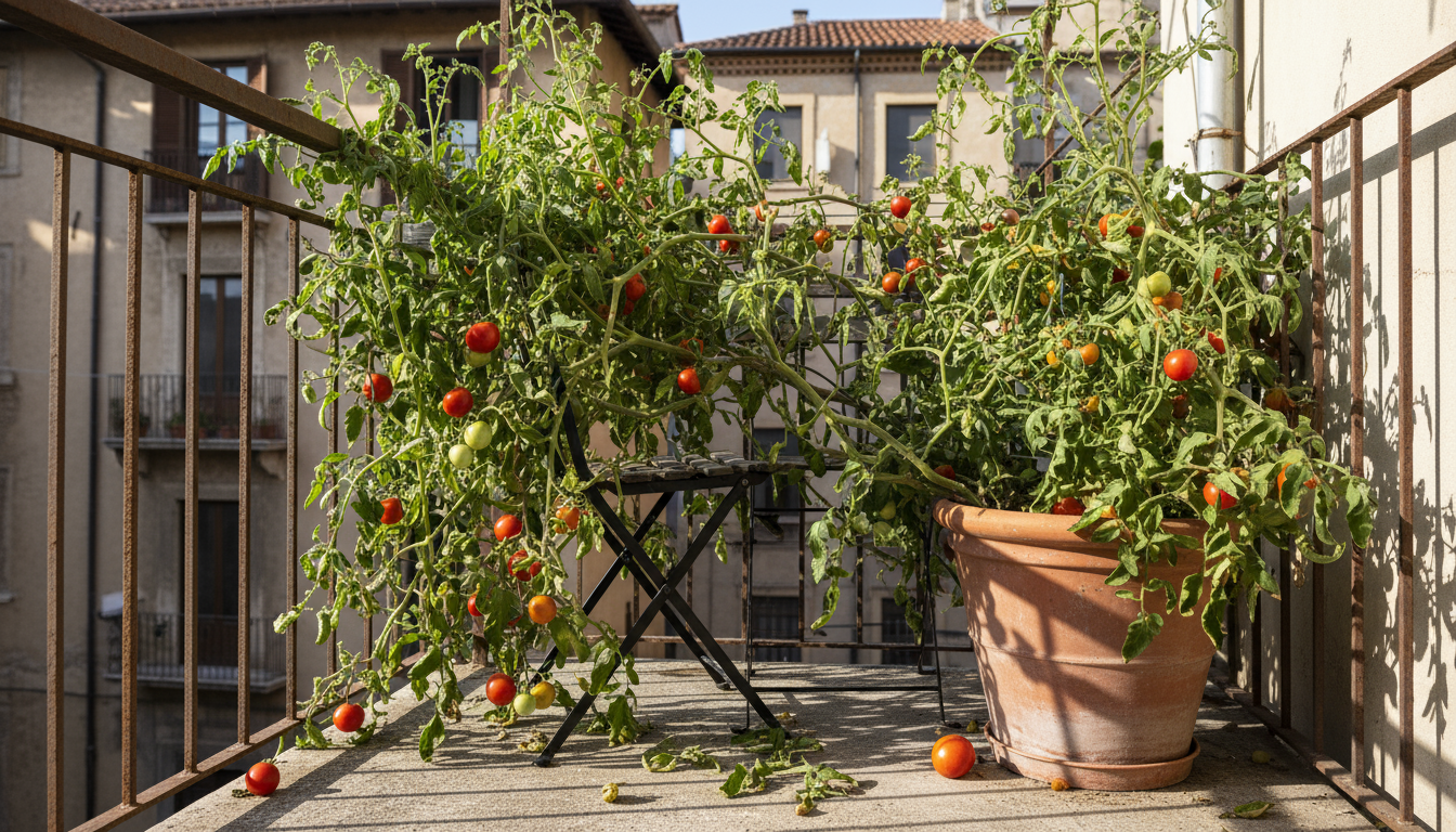 Close-up of hands using small pruning snips to deadhead a faded purple petunia bloom from a container plant on a sunny balcony.