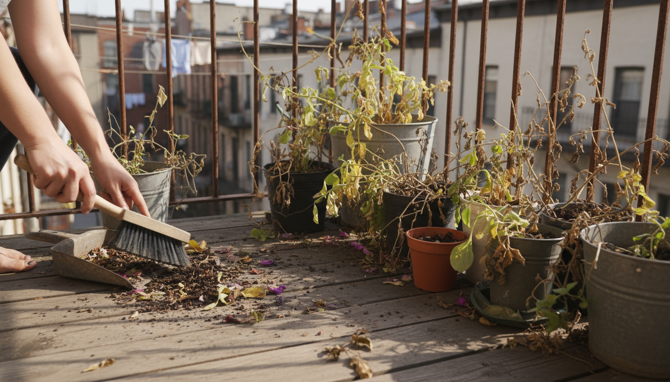 Close-up of hands inspecting a small potted basil plant's leaves for pests on a balcony railing, with blurred container garden in background.
