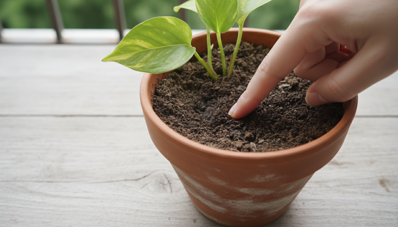 Close-up of a person's hands gently teasing apart the healthy root ball of a Pothos houseplant on a table during repotting, with new pot and soil visi