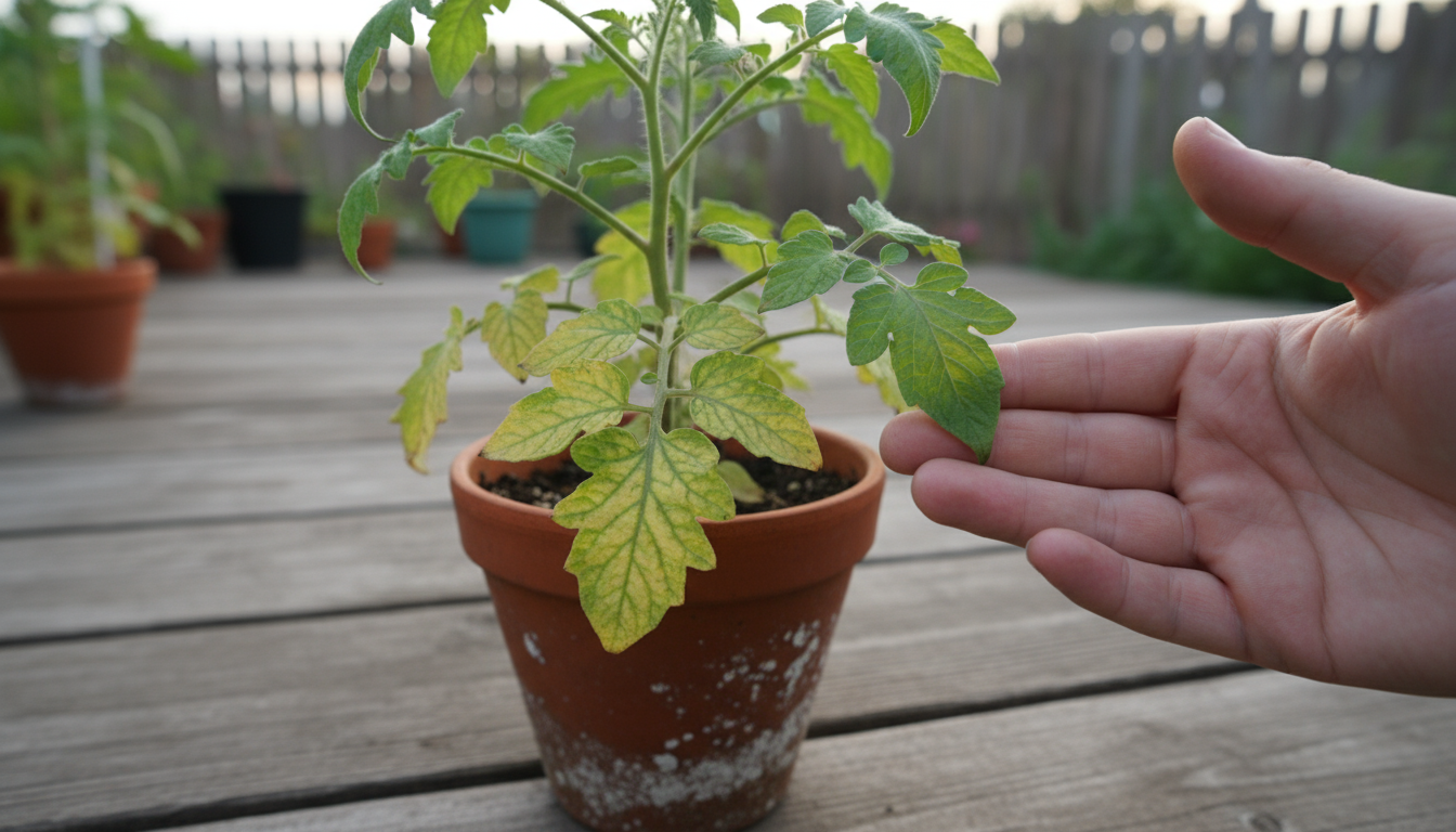 Hands pouring liquid organic fertilizer from a small green watering can into a terracotta pot with a productive cherry tomato plant on a sunny balcony