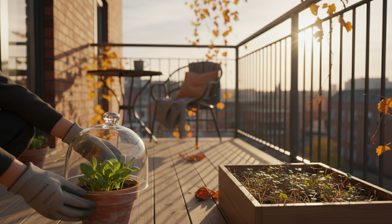 Three terracotta window boxes on a balcony railing show radishes at sprout, young, and mature stages, with a new cilantro sprout in the last box.