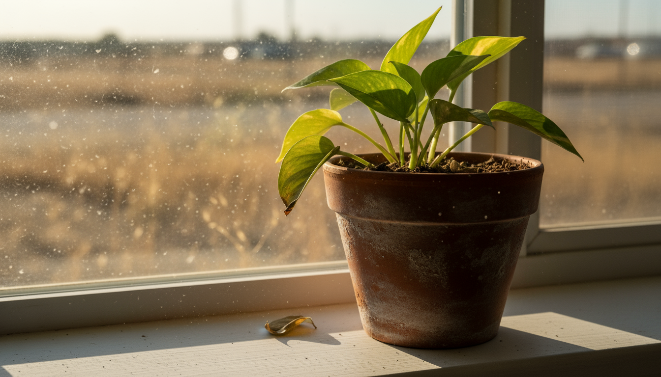 Close-up of a woman's hands guiding a potted plant into a clear water tray for bottom watering on a small wooden table.