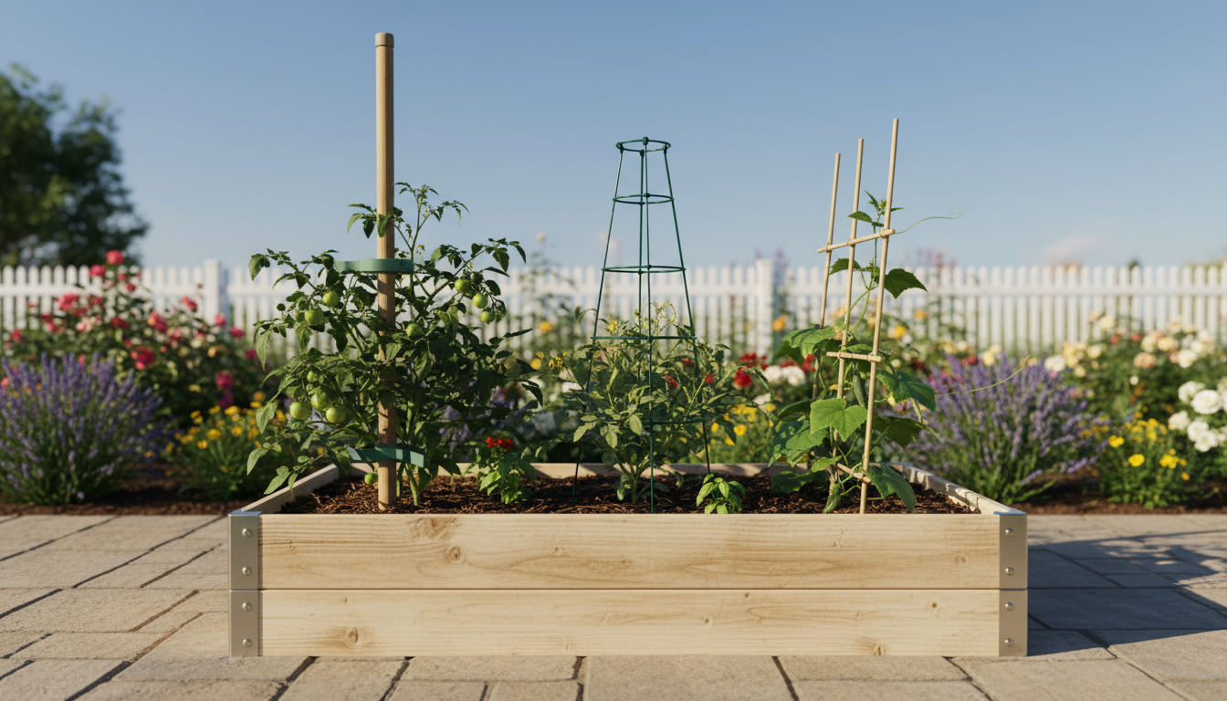 Two empty compact raised beds side-by-side on a modern patio: one crafted from natural cedar wood, the other from gleaming corrugated galvanized steel