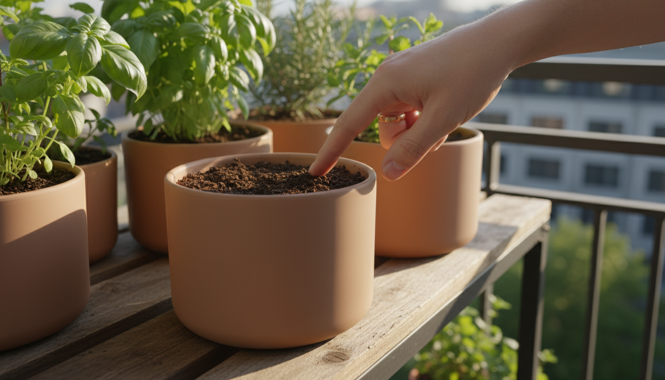 Two potted plants on a metal stand on a patio, clearly showing contrasting symptoms: an overwatered pothos with yellow leaves and an underwatered fern
