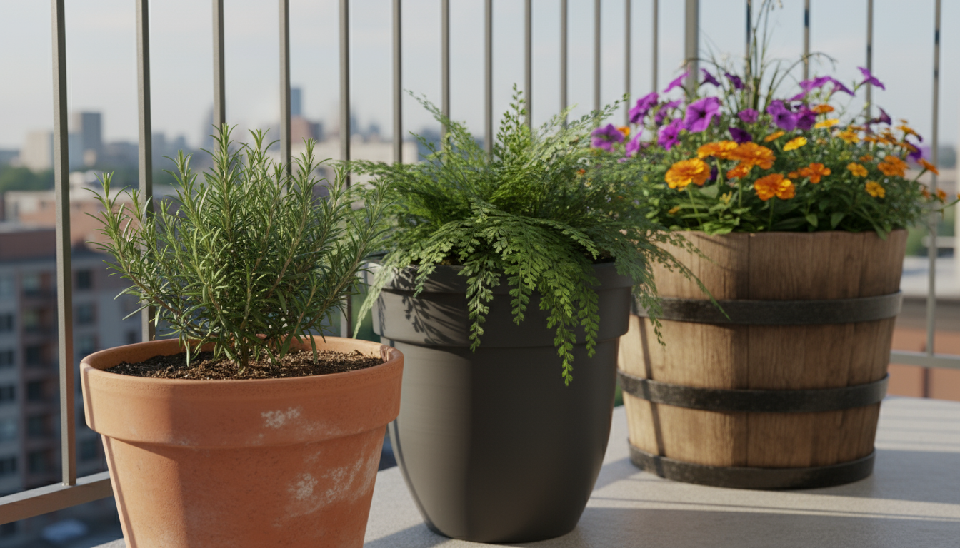 Two contrasting balcony plant pots: one with a single, vibrant fuchsia, the other crowded with struggling petunias and marigolds.