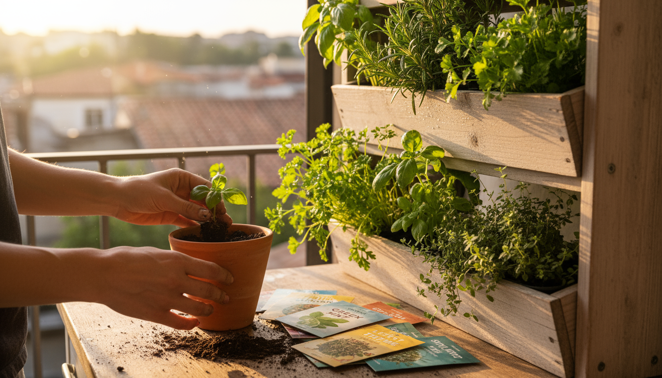 Close-up of hands pouring diluted organic liquid fertilizer into a small terracotta pot containing a vibrant basil plant on a wooden surface.