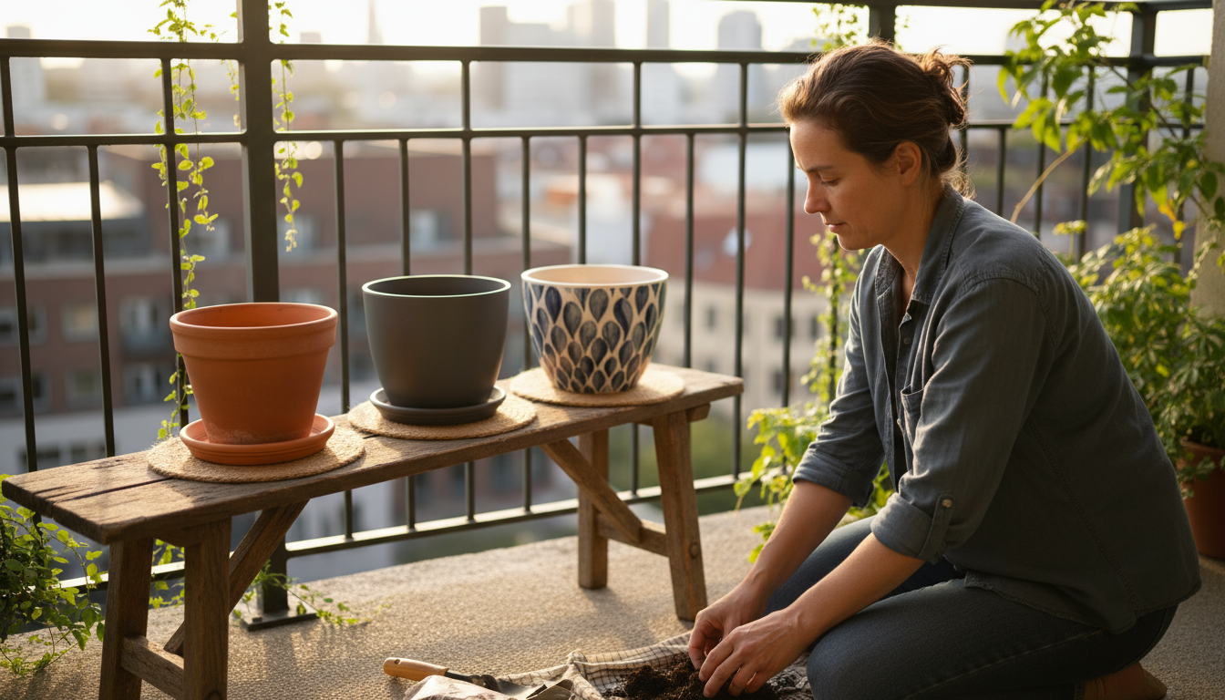 Gloved hands using a trowel to scoop a rich, textured peat-free potting mix, showing coco coir and perlite, into a terracotta pot on a balcony table.