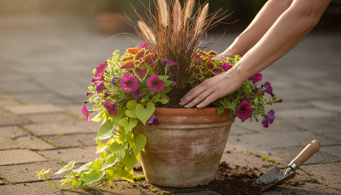 Elevated view of three diverse container plants on a stone patio, showcasing deep green hosta, feathery fern, and variegated heuchera foliage.