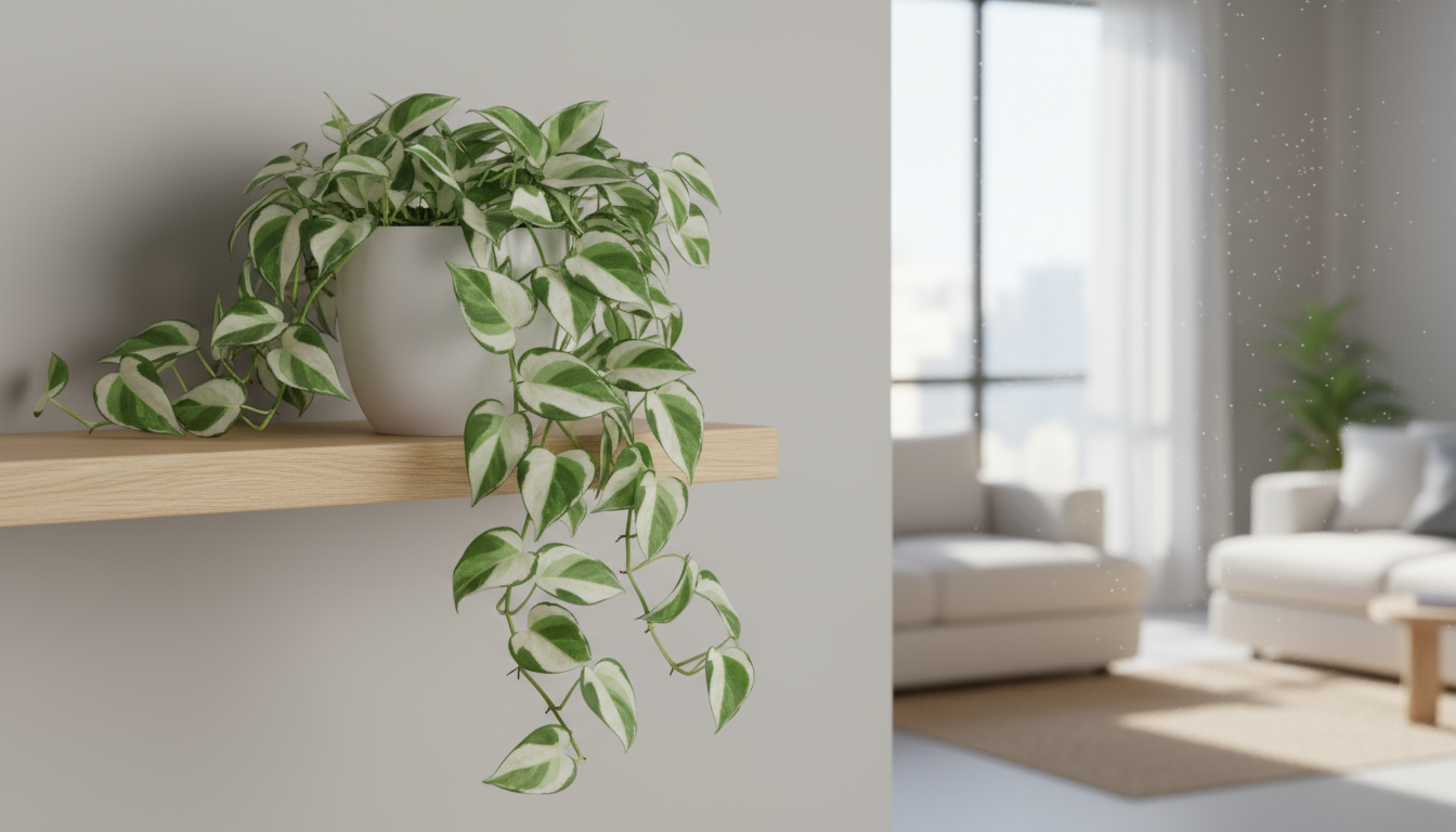 A ginger cat peacefully resting beside potted pet-safe plants: a Cast Iron Plant, a hanging Spider Plant, and a Prayer Plant.