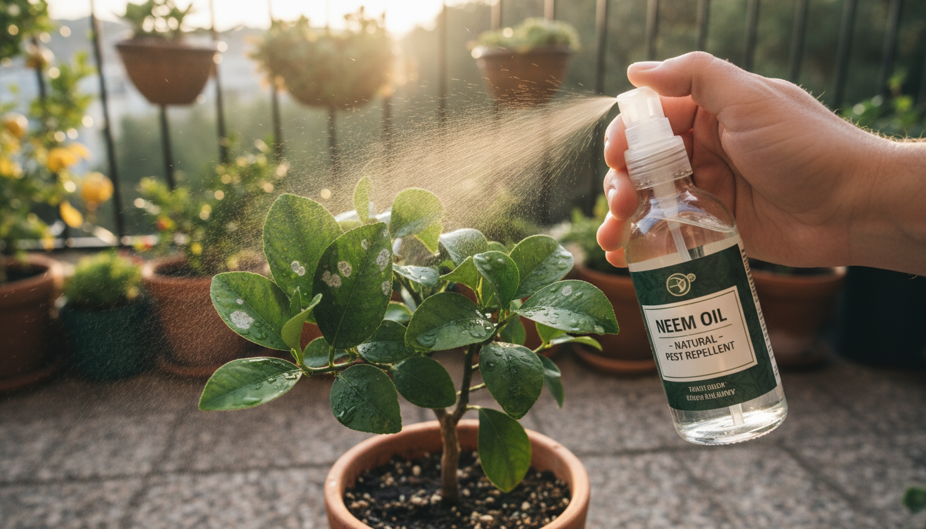 A person closely inspects a leaf on a potted dwarf lemon tree on a sunlit patio, embodying proactive plant care.