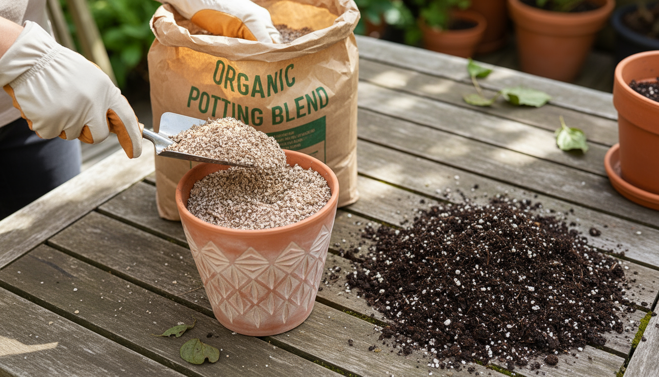 Vibrant 'patio' tomato plant with ripening fruit, bell pepper plant, and mixed leafy greens in various containers on a small, sunny balcony.