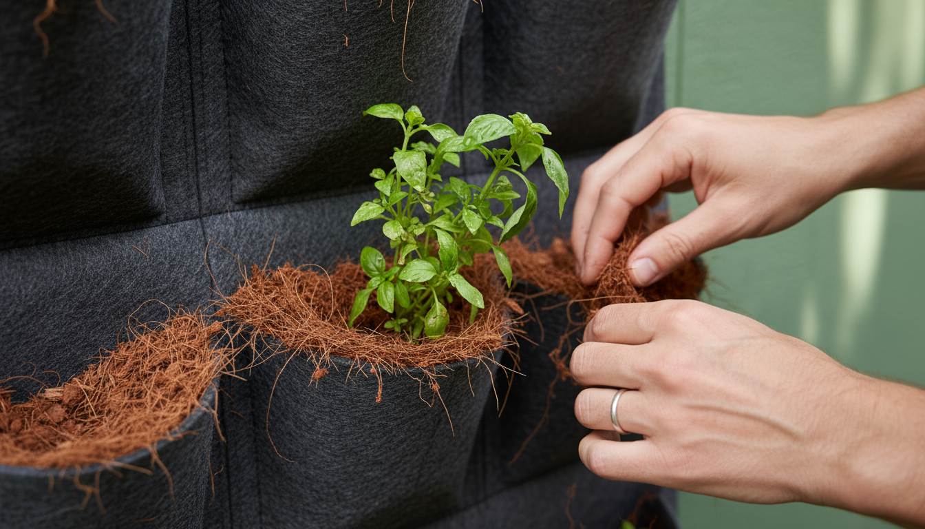 A sunlit wooden ladder shelf densely filled with various potted herbs, succulents, and annuals on a compact urban balcony.