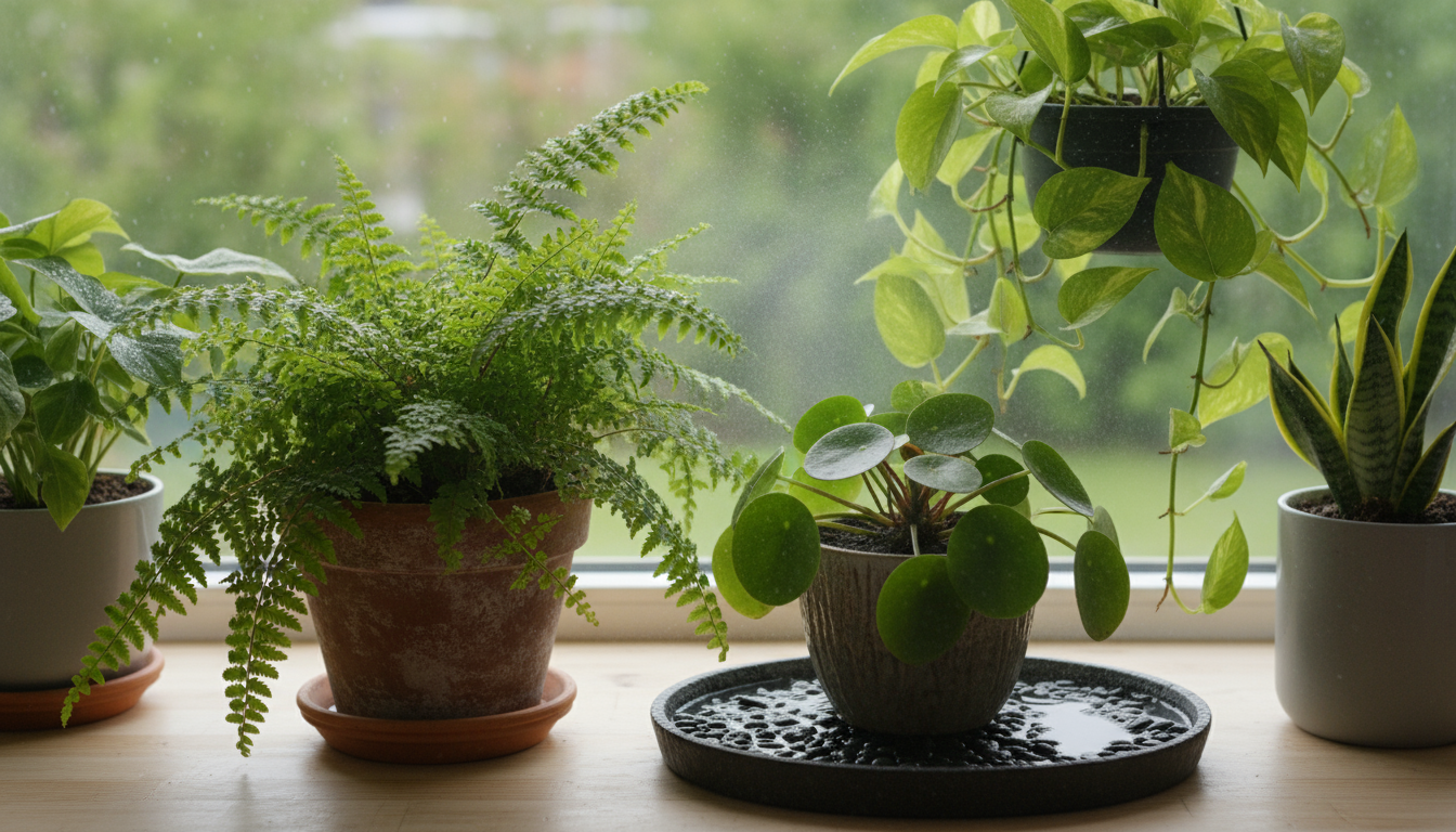 A cluster of houseplants on a windowsill, one on a pebble tray, others grouped tightly. Fine mist on leaves, a mister bottle nearby.