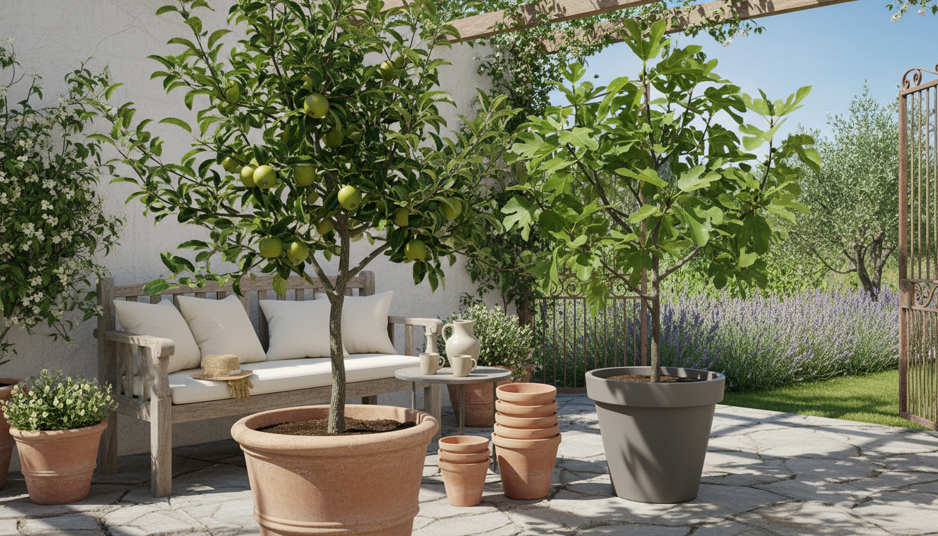 Person kneeling on a patio, actively wrapping a large terracotta pot holding a dormant dwarf apple tree with burlap and twine for winter insulation.