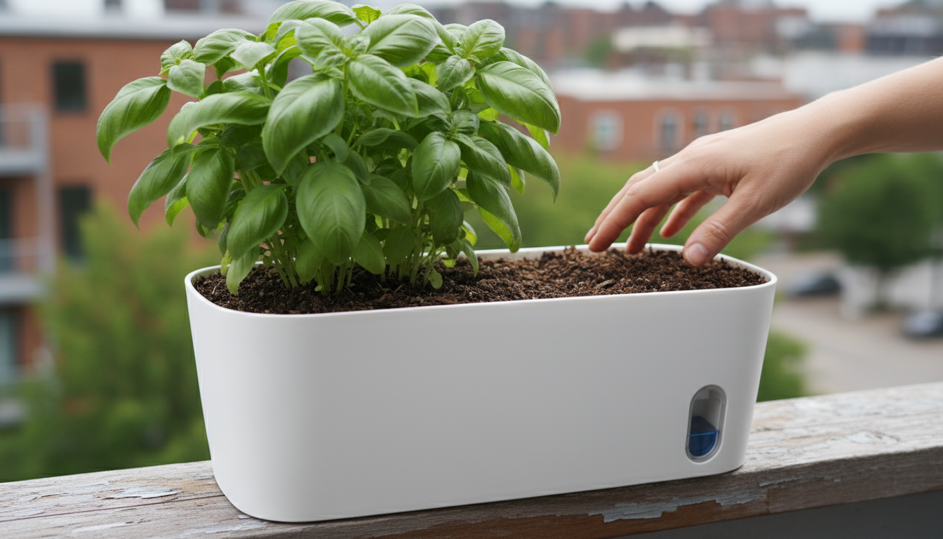A drooping fuchsia in a terracotta pot on a patio, sitting in a saucer full of murky, stagnant water. The soil is dark and waterlogged, with algae.