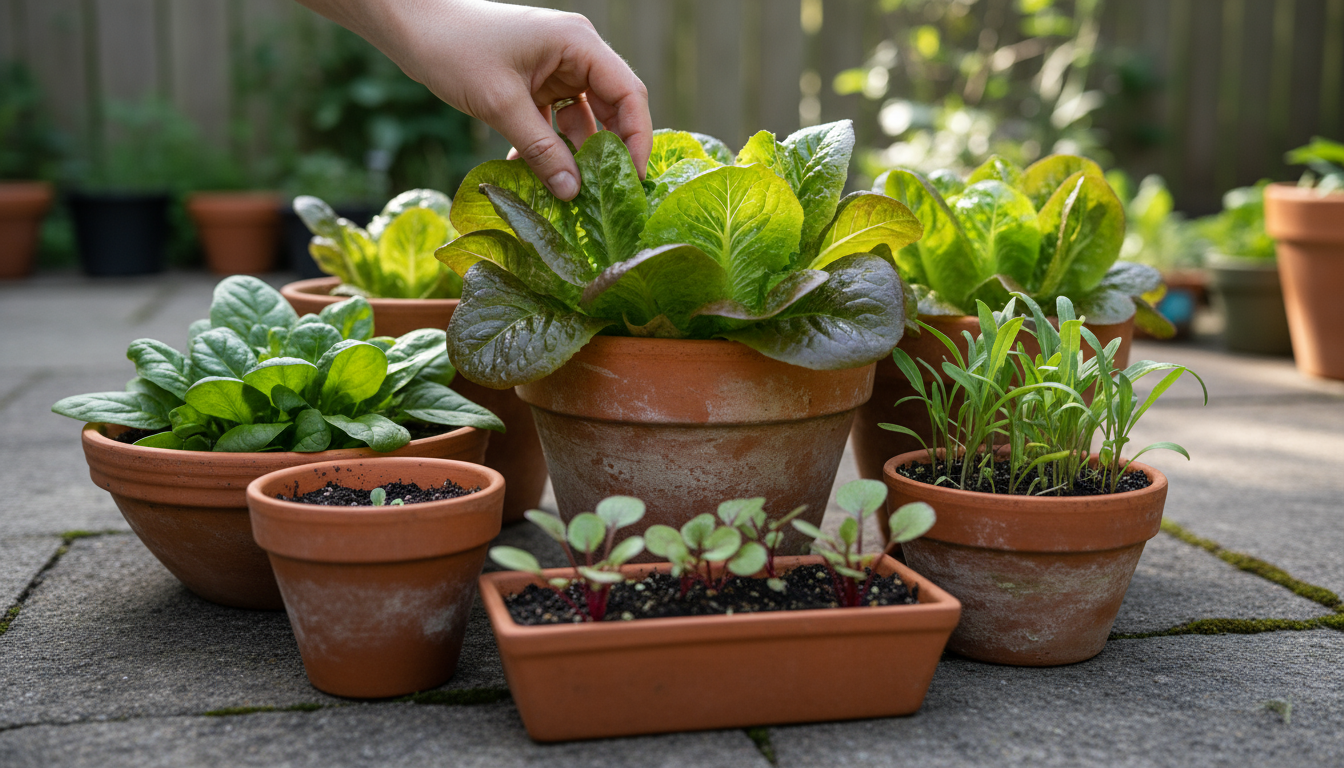 A person making notes in a garden planner, observing their sun-dappled container garden with various pots, a railing planter, and a vertical trellis.
