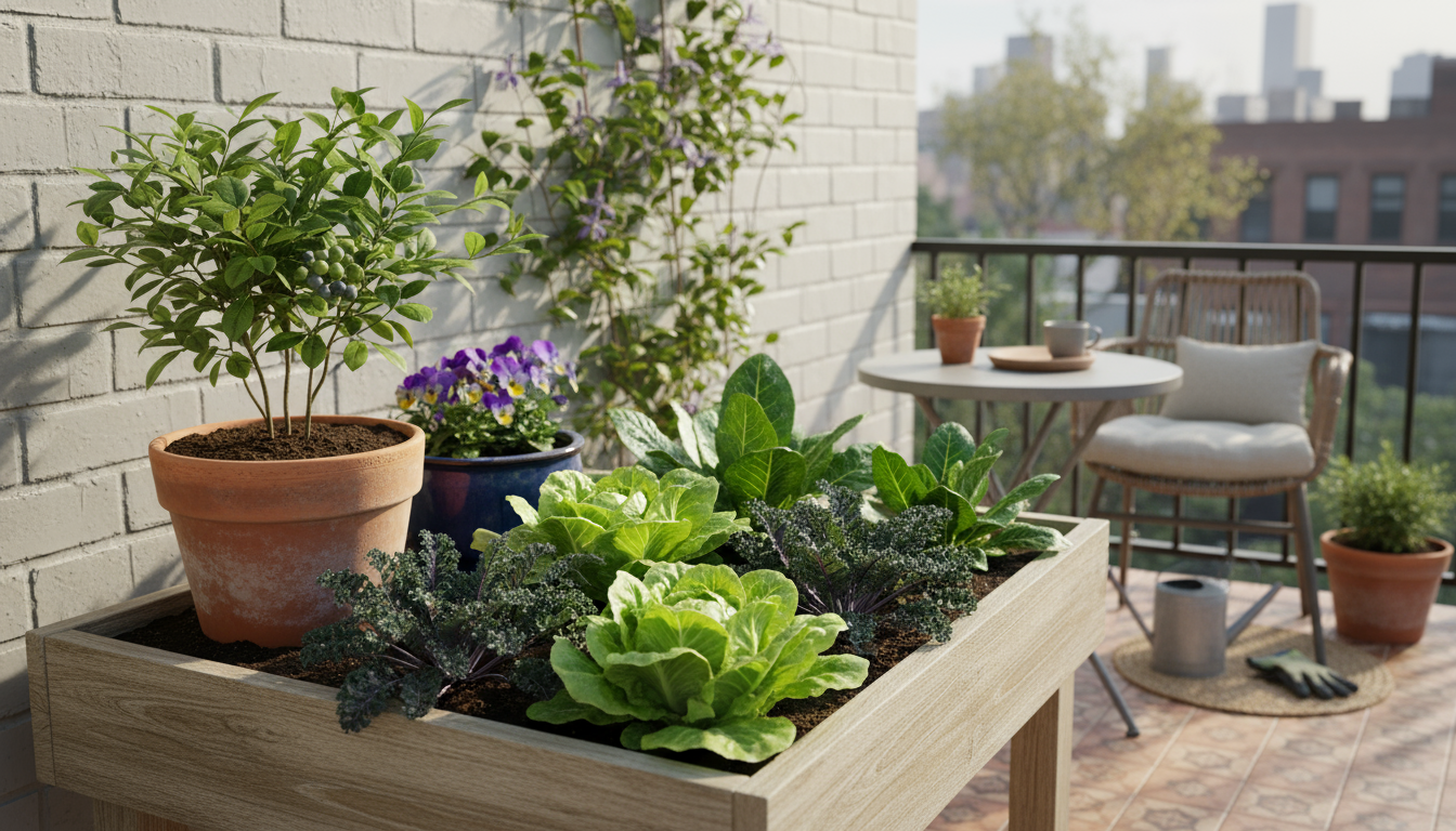 A senior woman at a garden center carefully reads a plant tag on a small potted lavender, surrounded by other container plants.