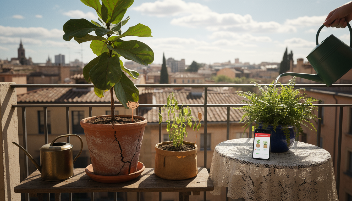 Sun-drenched urban balcony with container plants, showing a drooping plant in a dry terracotta pot, a parched plant in a fabric grow bag, and a health