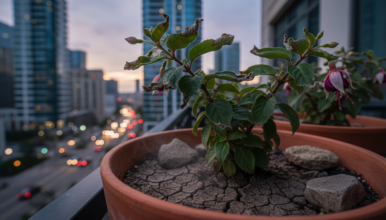 Close-up of depleted potting mix in an old terracotta pot on a balcony, showing compacted, pale soil and mineral residue.