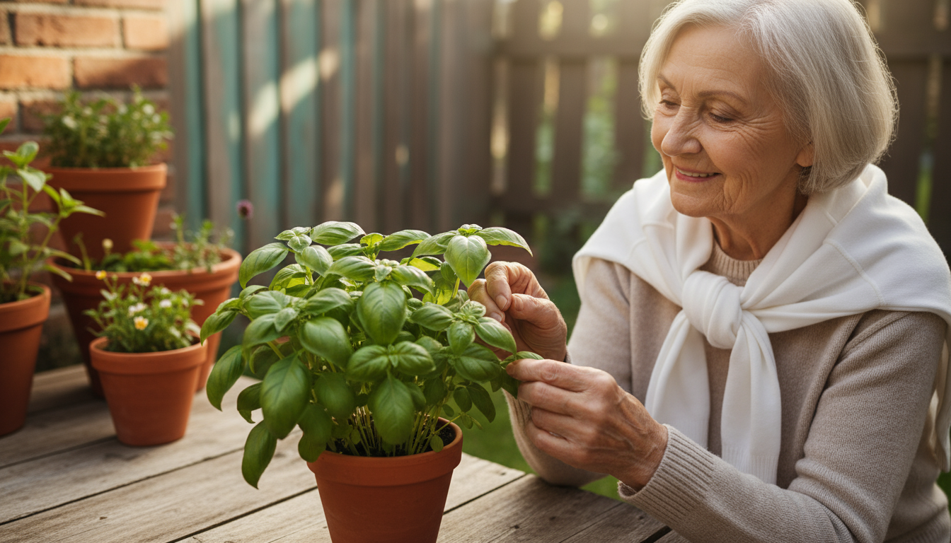 Top-down view inside a clean terracotta-style container with visible drainage holes, as a senior's hand gently adds potting mix directly over the bott
