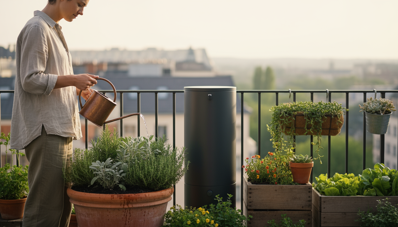 Person watering container herbs on a small urban balcony from a rustic can, with a slim rainwater barrel nearby amongst lush pots.