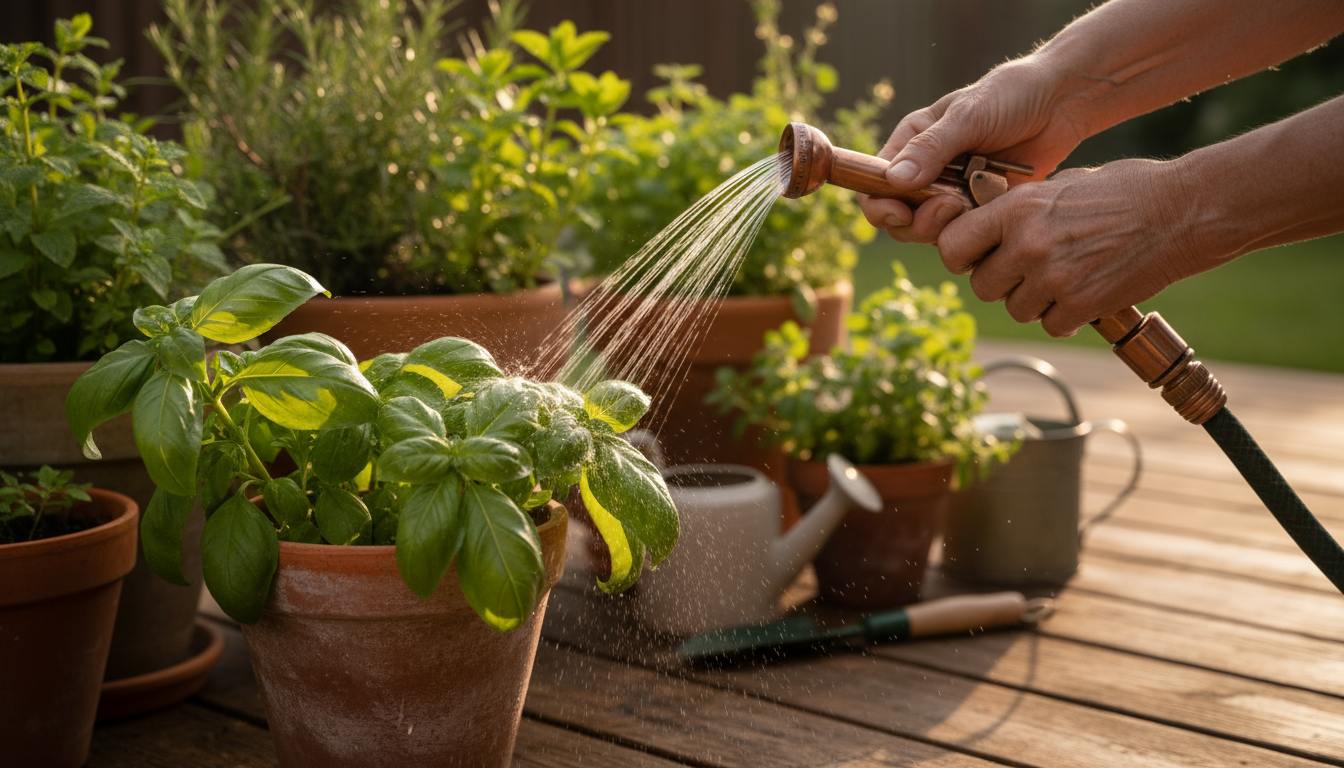 Grouped container garden on a patio with visible mulch and plants arranged for accessibility under warm sunlight.