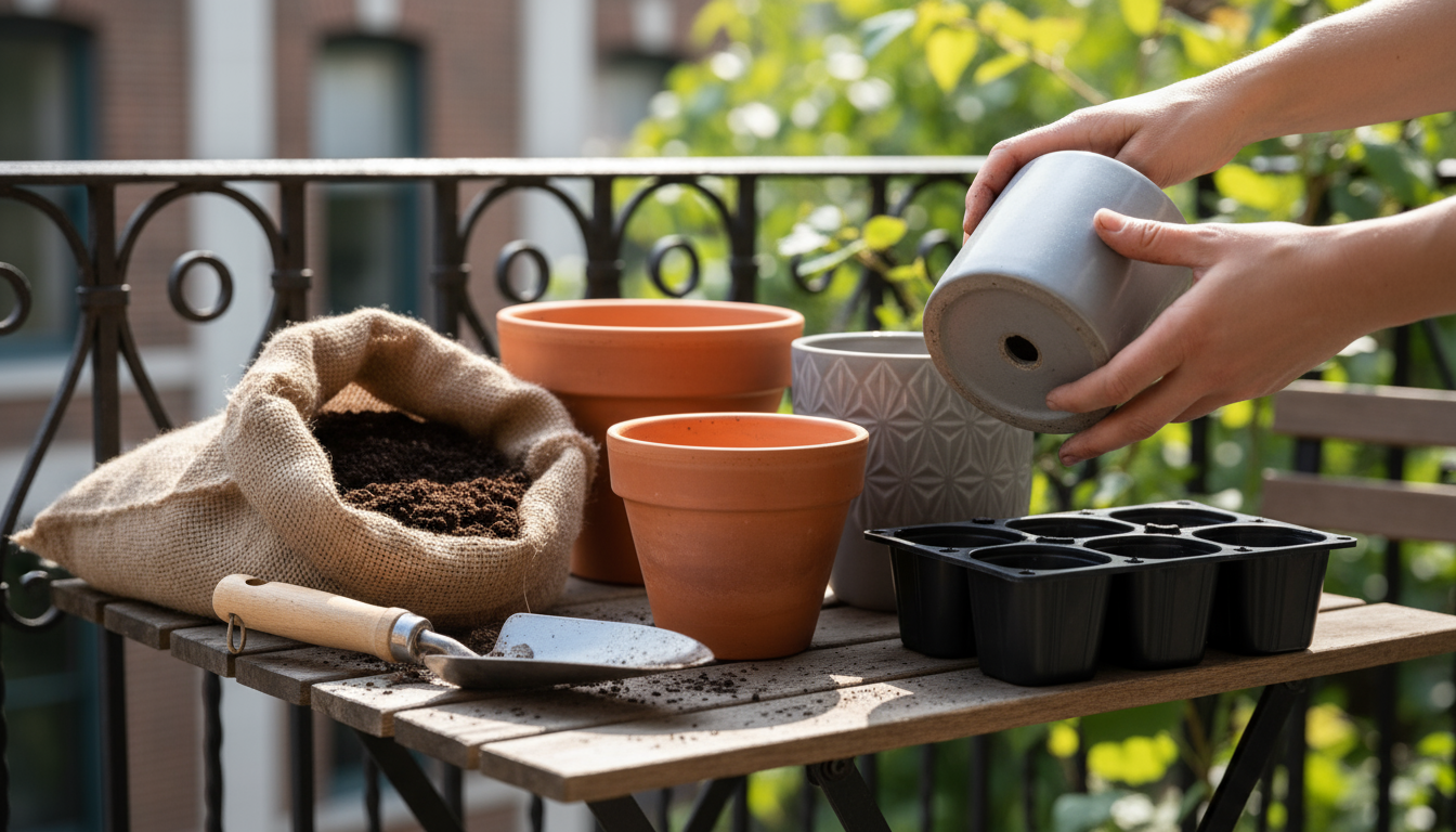 Hands gently tend to lush potted basil, mint, and chives on a sun-dappled weathered patio table, showcasing a thriving small-space herb garden.