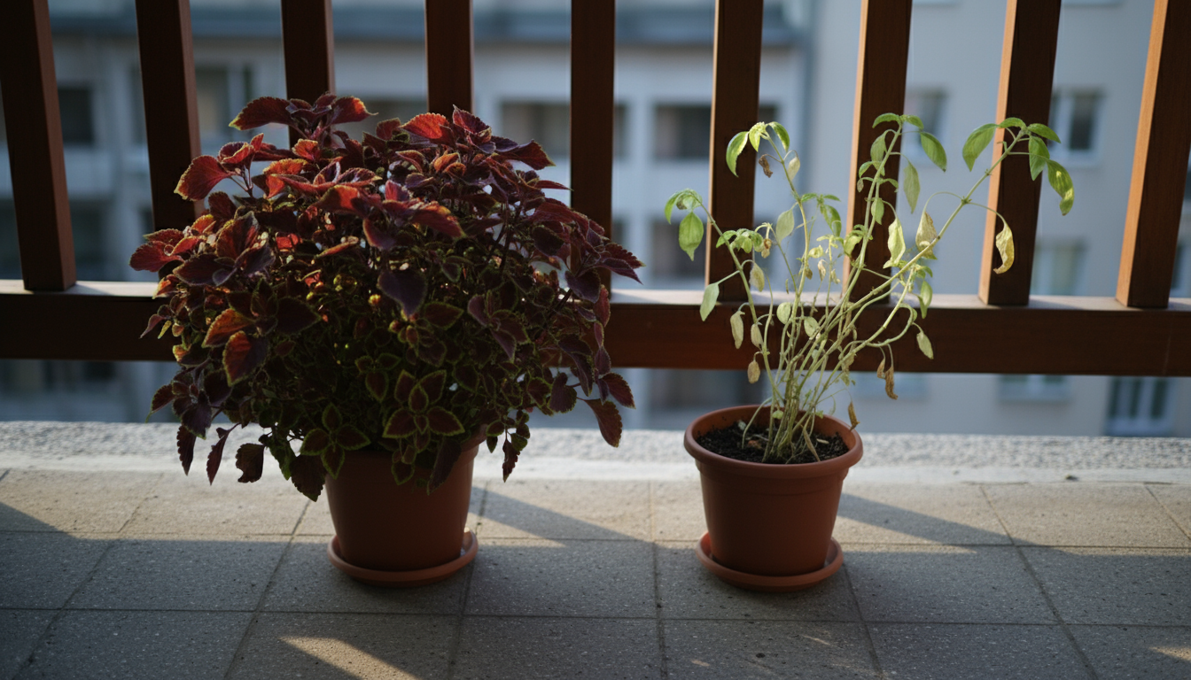 Eye-level shot of a balcony planter. Lush mint thrives, while an adjacent lavender struggles with yellow, drooping leaves from incompatible watering.