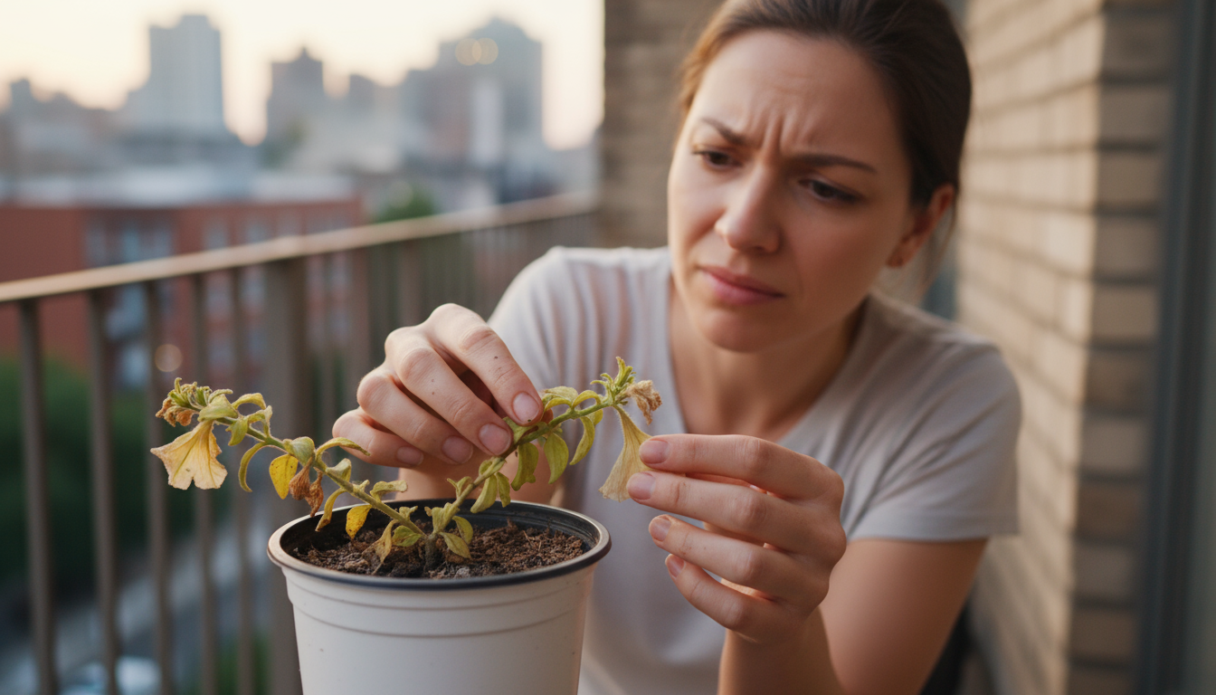 A lush urban balcony corner filled with various vertical gardening solutions: a tiered herb planter, wall-mounted pockets, hanging baskets, and a shel