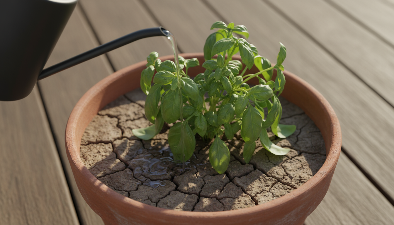 A basil plant with dramatically drooping, wilting leaves in a terracotta pot with dry, cracked soil, as water from a matte black watering can begins t