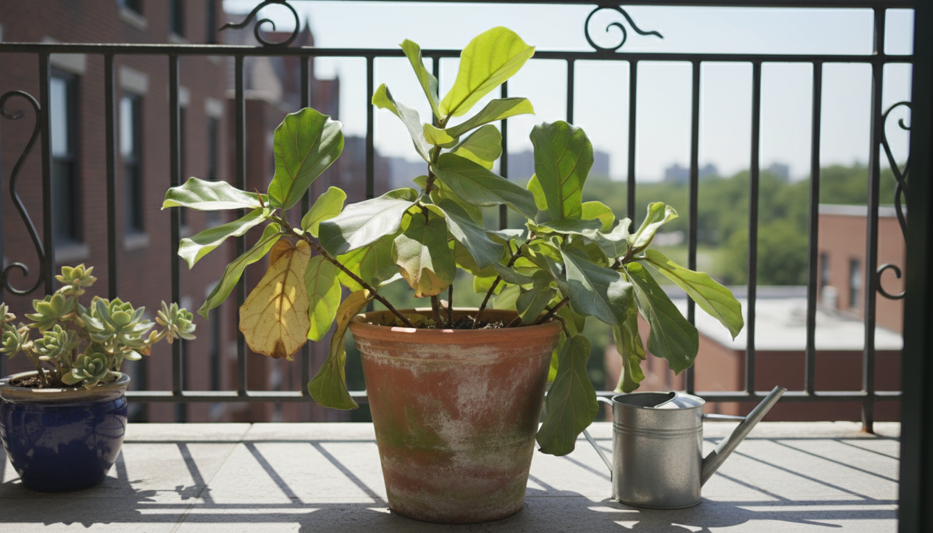 Hands repotting a houseplant in a terracotta pot, revealing a wet layer of gravel stuck to the bottom. Fresh potting mix is nearby.