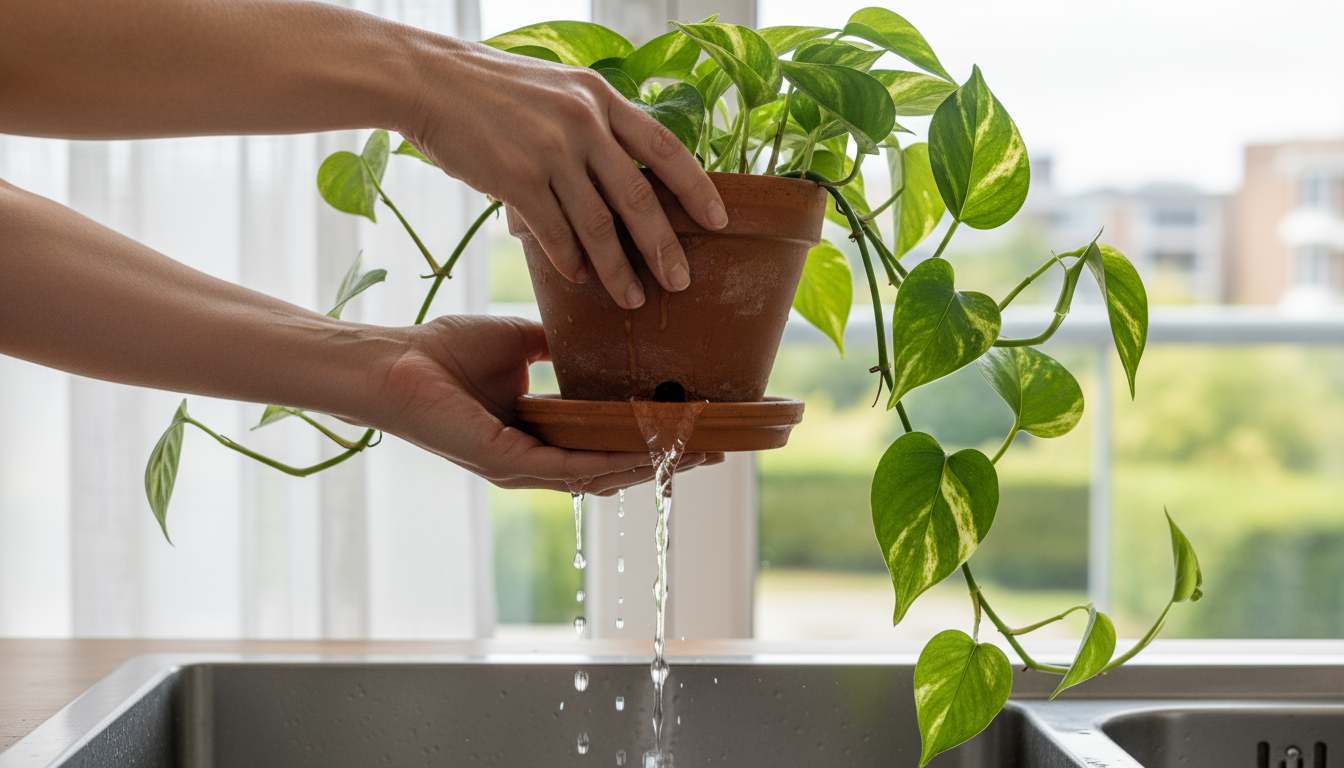 A slightly high-angle view of small potted houseplants on a balcony table, showing visibly dry soil and a yellow sticky trap with tiny captured gnats.