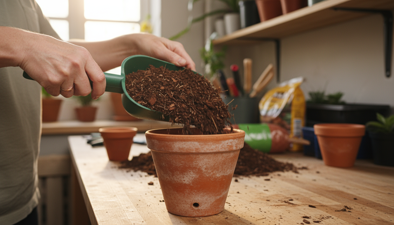 Sunny small living space with diverse houseplants: succulents on windowsill, pothos in hanging basket, plants on vertical shelf, peace lily on stand.