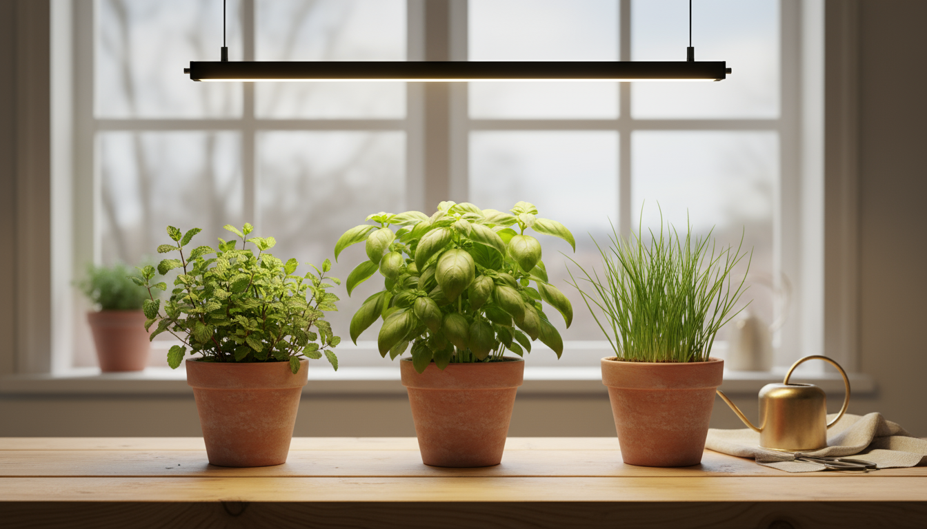 A close-up, low-angle shot of a hand with herb snips about to harvest leaves from a bushy basil plant on a kitchen windowsill.