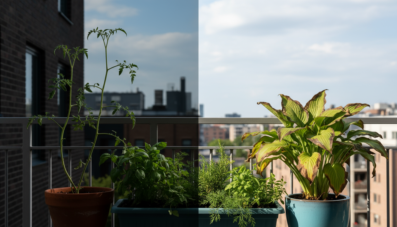 Close-up of a hand gently lifting a vibrant green basil leaf to inspect its underside on a weathered wooden balcony shelf.