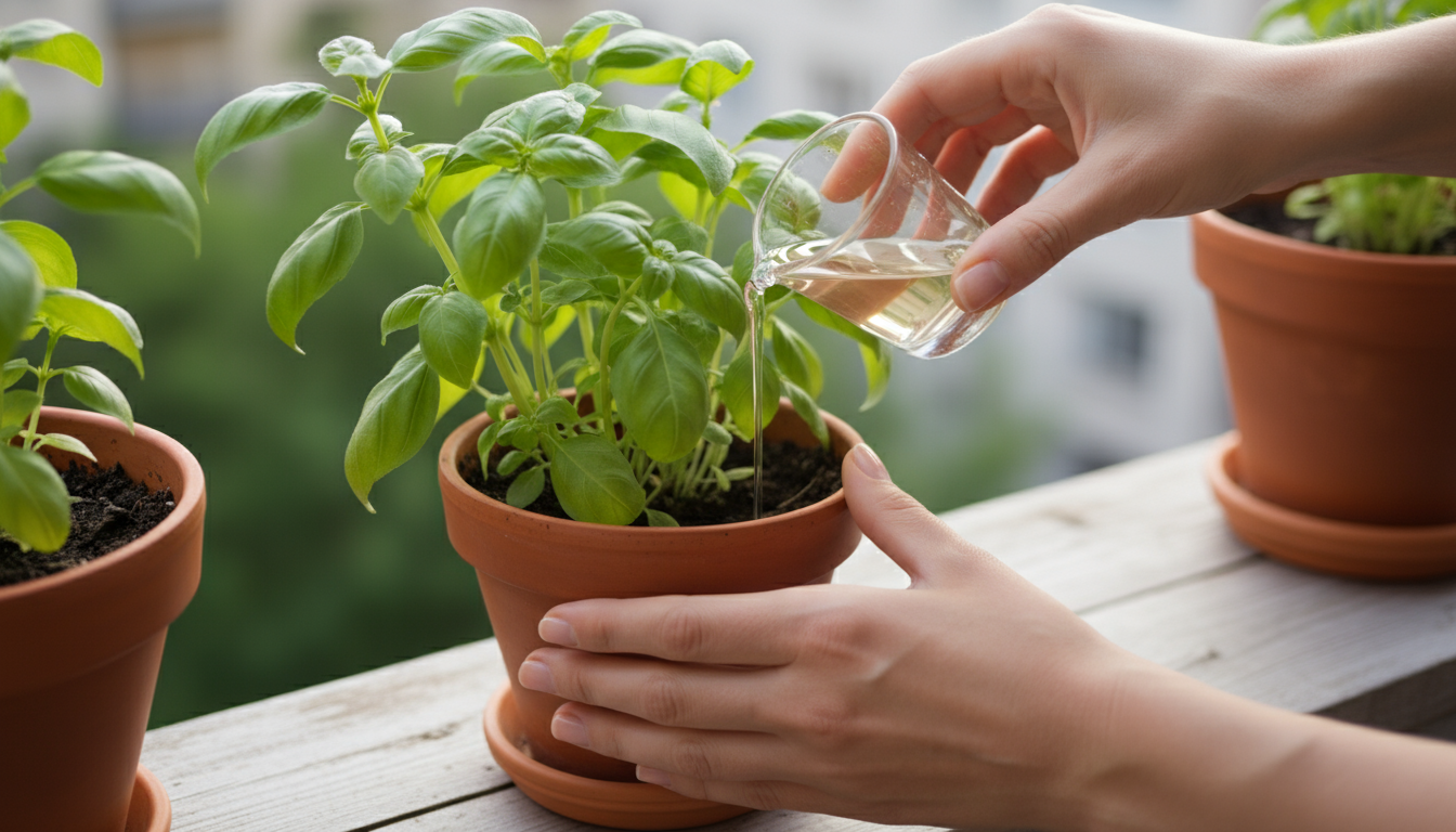 Close-up of a hand using shears to snip fresh chives from a terracotta pot on a wooden patio table, surrounded by blurred herbs.