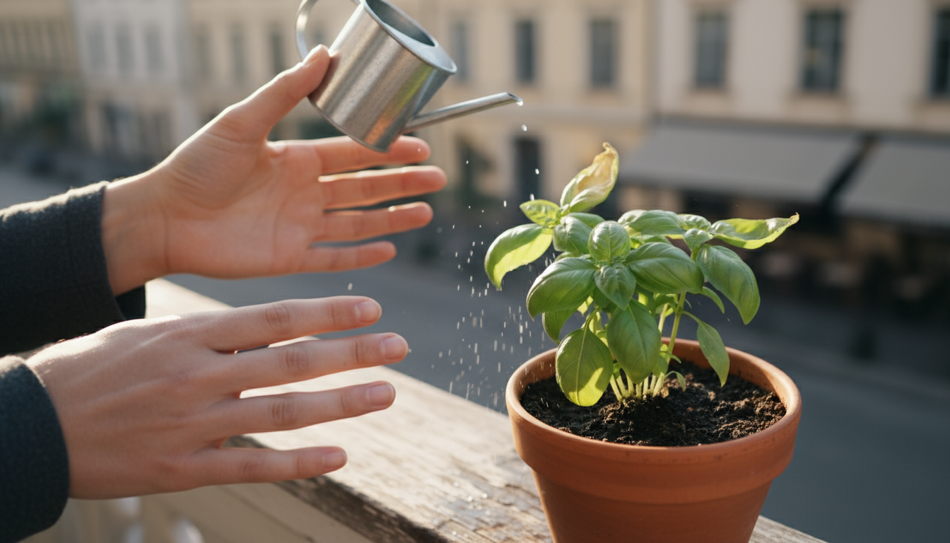 Overgrown indeterminate tomato plant in a terracotta pot on a small, sunny urban balcony, its vines sprawling onto the floor and blocking a folding ch