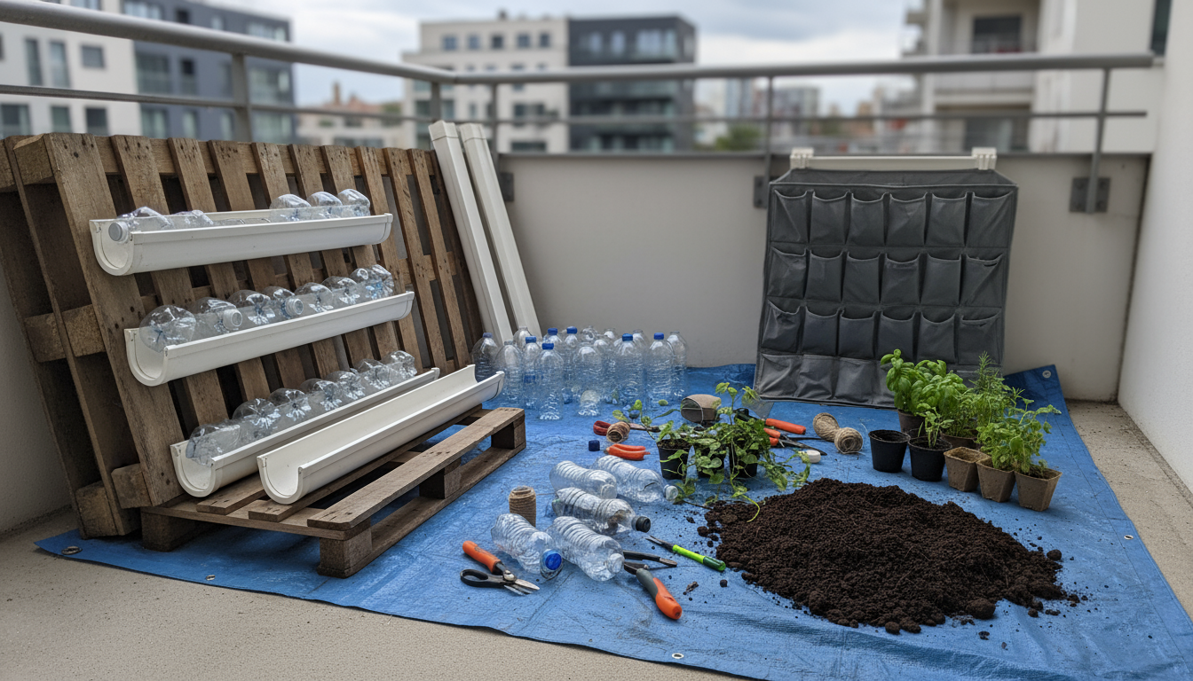 A person's hands gently pinch the growing tip of a basil plant in a vertical garden pocket on an urban balcony, sunlight dappling the leaves.