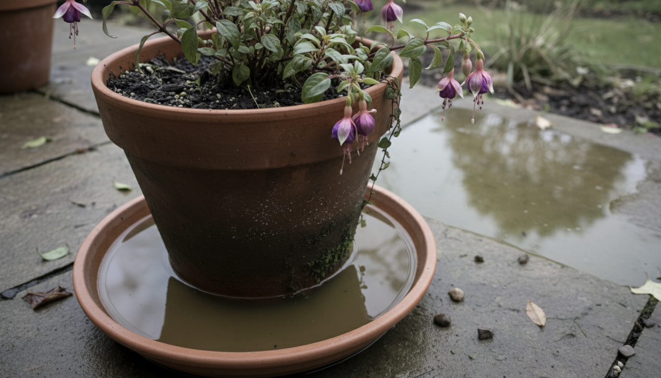Close-up of a potted Spider Plant showing brown leaf tips and white mineral crust on soil, a hand gently touches an affected leaf on a sunny patio.