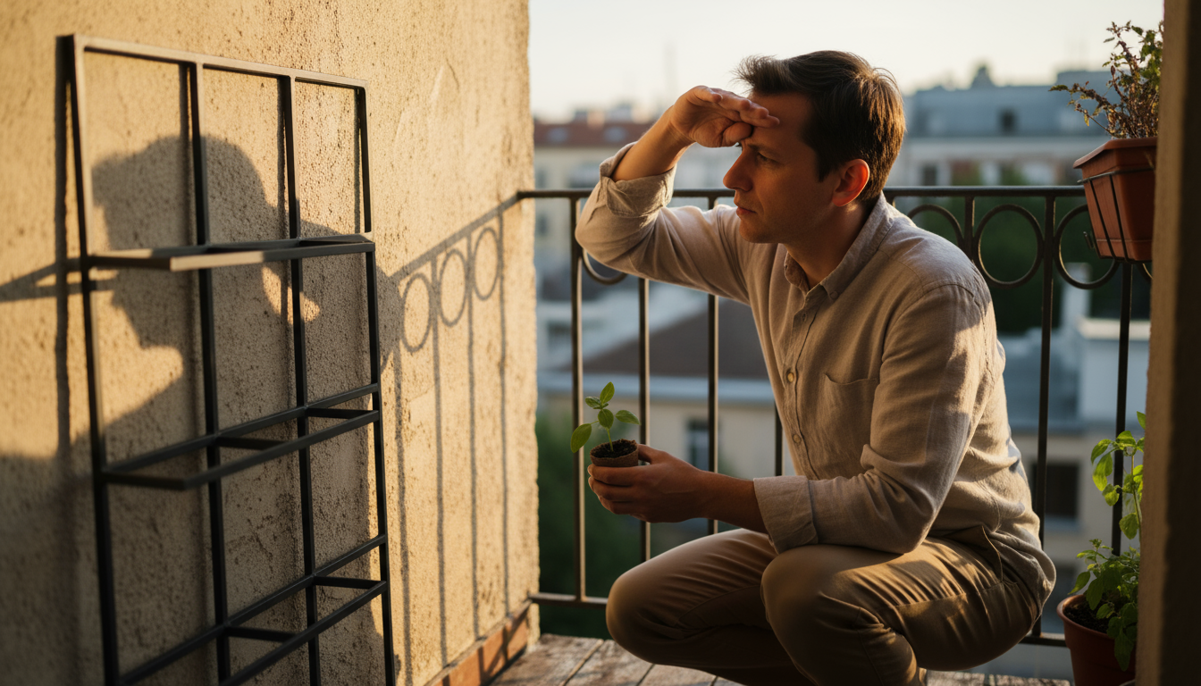 Adult hands drilling drainage holes into colorful plastic bottles, preparing them for a vertical garden. A wooden pallet planter is visible behind on