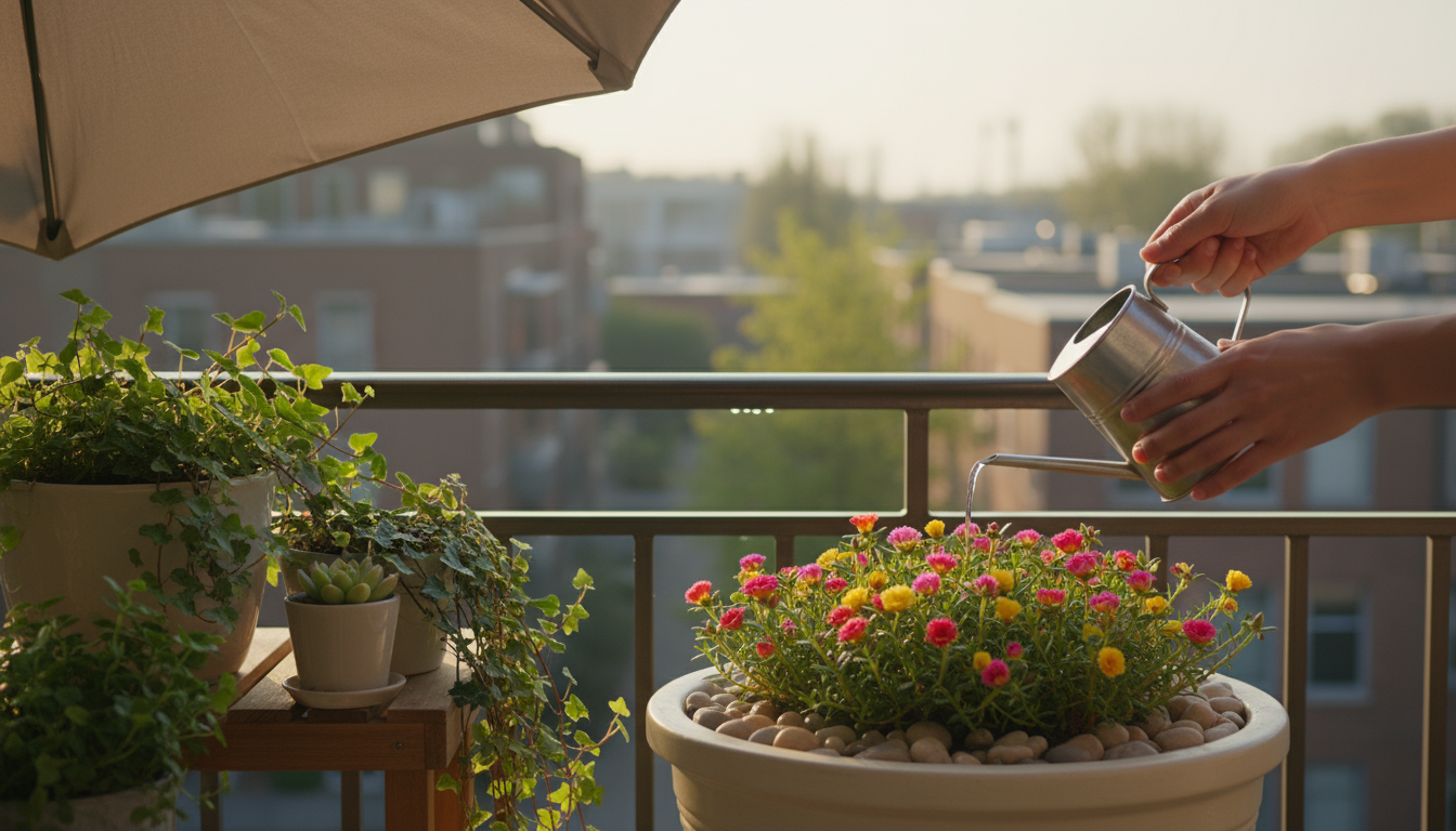 Hands sprinkle granular fertilizer onto a basil plant in a terracotta pot on a balcony railing, with other fertilizer types blurred in background.