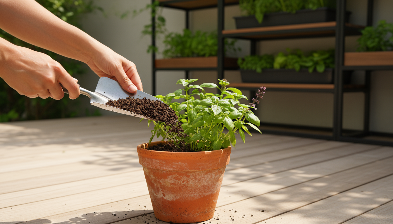 Hands adding nutrient-rich worm castings to a container plant on a patio, with a peat-free potting mix bag and vermicompost bin in the soft background