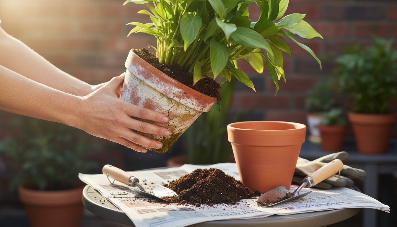 A hand gently pours diluted liquid fertilizer into a terracotta pot with new, bright green plant growth on a sunny balcony railing.